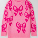  Pink Bow Pattern Drop Shoulder Loose Sweater