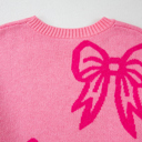  Pink Bow Pattern Drop Shoulder Loose Sweater