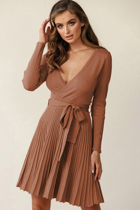 The Rowan | Ribbed Pleated Sweater Wrap Dress