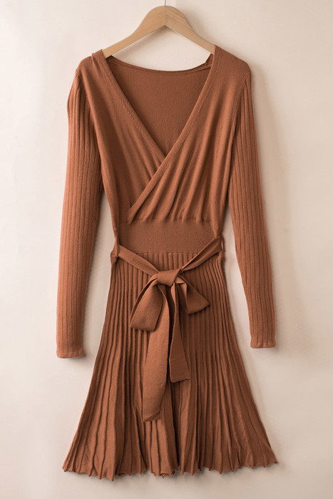 The Rowan | Ribbed Pleated Sweater Wrap Dress