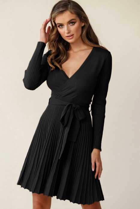 The Rowan | Ribbed Pleated Sweater Wrap Dress