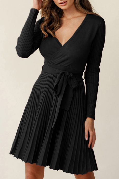 The Rowan | Ribbed Pleated Sweater Wrap Dress