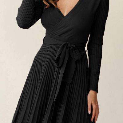 The Rowan | Ribbed Pleated Sweater Wrap Dress