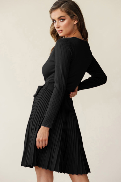 The Rowan | Ribbed Pleated Sweater Wrap Dress