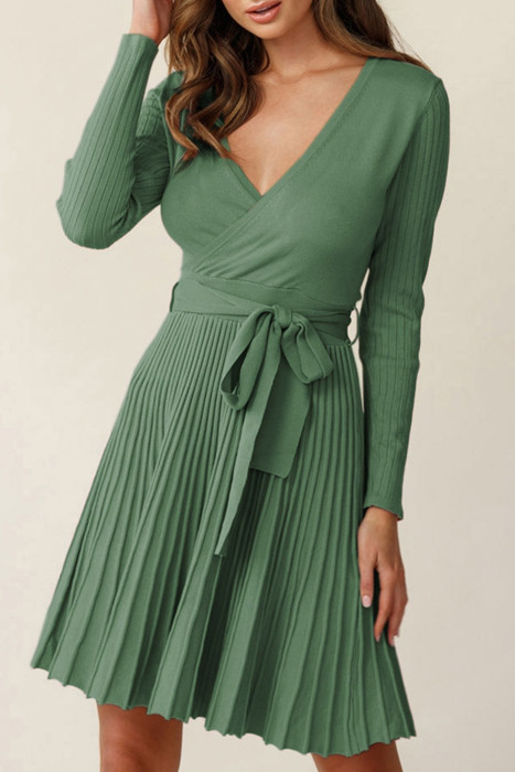 The Rowan | Ribbed Pleated Sweater Wrap Dress