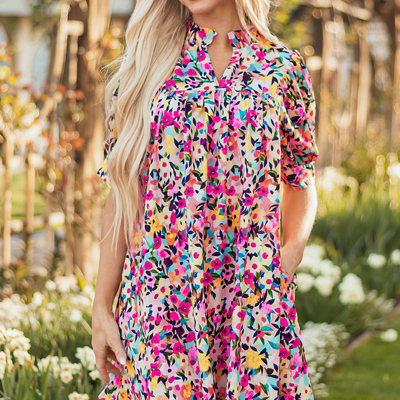 Floral Puff Short Sleeve V Neck Mini Dress