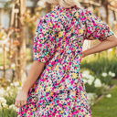  Floral Puff Short Sleeve V Neck Mini Dress