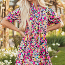  Floral Puff Short Sleeve V Neck Mini Dress