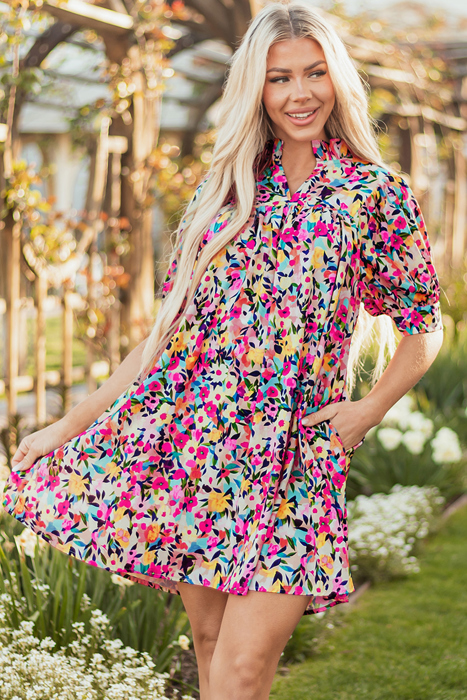 Floral Puff Short Sleeve V Neck Mini Dress