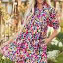 Small Floral Puff Short Sleeve V Neck Mini Dress