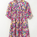  Floral Puff Short Sleeve V Neck Mini Dress