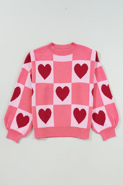 The Poppy | Pink Love Heart Checkered Valentine Knit Sweater