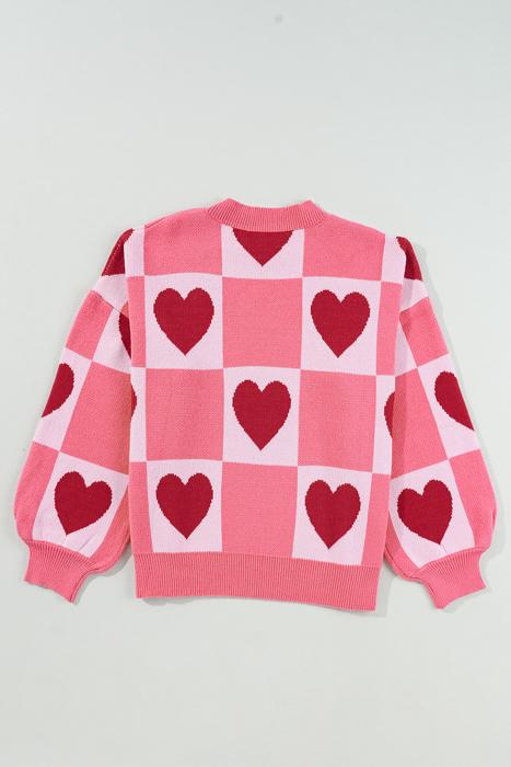 The Poppy | Pink Love Heart Checkered Valentine Knit Sweater