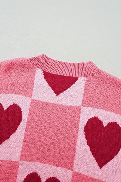 The Poppy | Pink Love Heart Checkered Valentine Knit Sweater