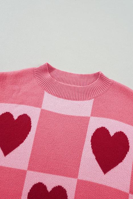 The Poppy | Pink Love Heart Checkered Valentine Knit Sweater