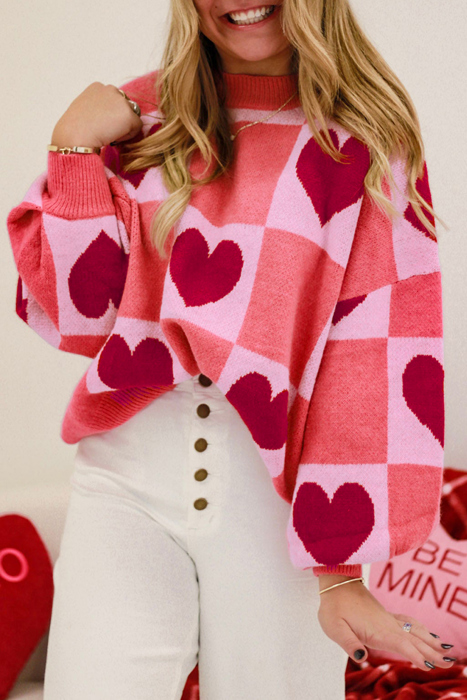 The Poppy | Pink Love Heart Checkered Valentine Knit Sweater