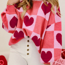  The Poppy | Pink Love Heart Checkered Valentine Knit Sweater