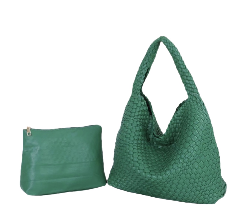 The Willow | Large Woven Vegan Leather Tote with Pouch Bag