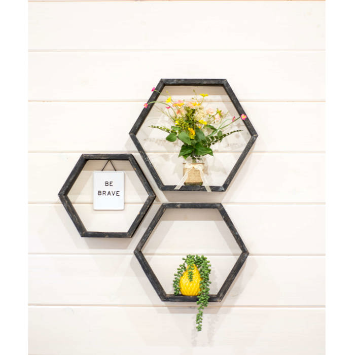 Rustic Farmhouse Floating Reclaimed Wood Hexagon Shelves (Set of 3)