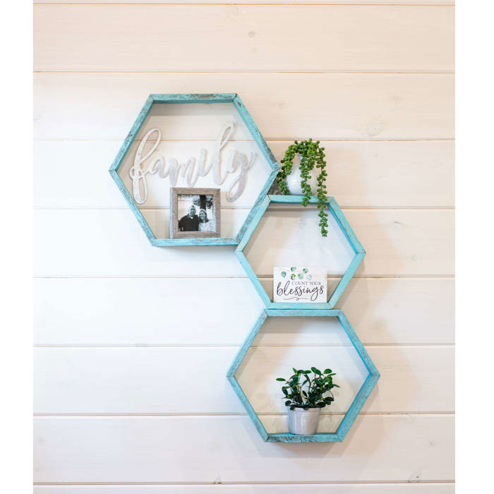 Rustic Farmhouse Floating Reclaimed Wood Hexagon Shelves (Set of 3)