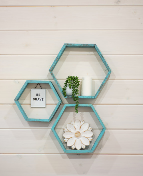 Rustic Farmhouse Floating Reclaimed Wood Hexagon Shelves (Set of 3)