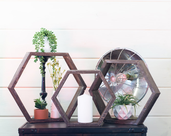 Rustic Farmhouse Floating Reclaimed Wood Hexagon Shelves (Set of 3)