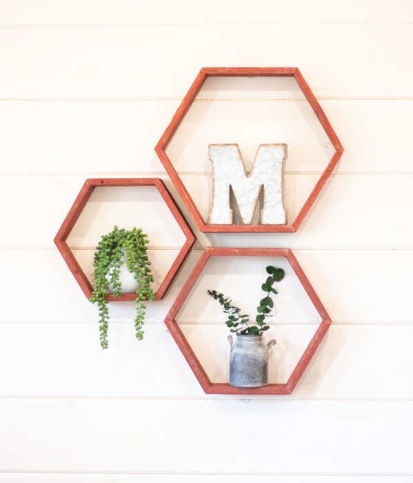 Rustic Farmhouse Floating Reclaimed Wood Hexagon Shelves (Set of 3)