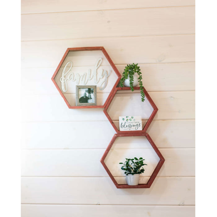 Rustic Farmhouse Floating Reclaimed Wood Hexagon Shelves (Set of 3)