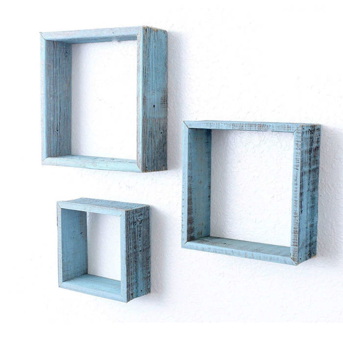 Rustic Farmhouse Reclaimed Wooden Open Square Wall Shelves (Set of 3)