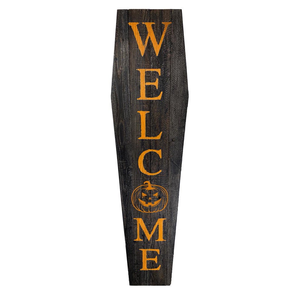 Rustic Farmhouse 4ft Reclaimed Wood Standing Halloween Coffin Welcome Sign