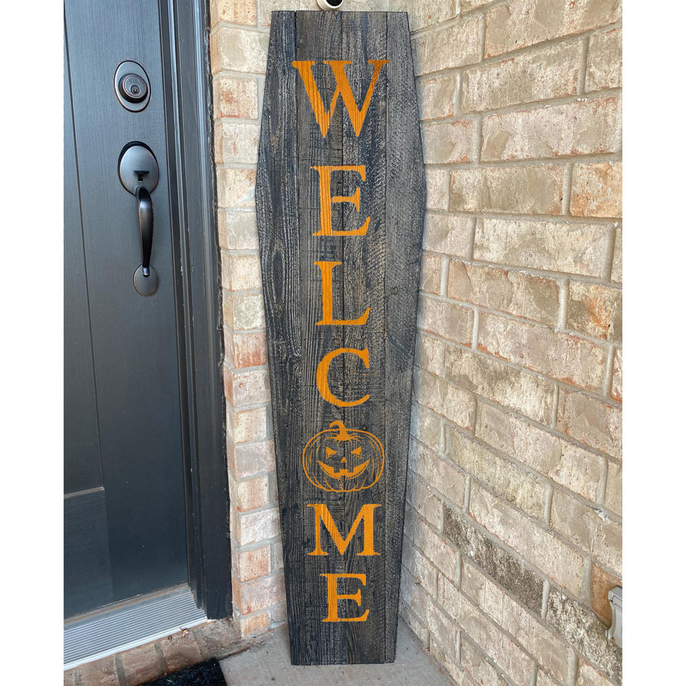 Rustic Farmhouse 4ft Reclaimed Wood Standing Halloween Coffin Welcome Sign