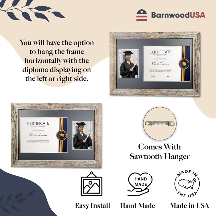 Rustic Farmhouse 12 x 18 Graduation Diploma Frame with Mat, fitted for 5 x 7 Cap & Grown Photo and 8.5 x 11 Diploma Certificate Display