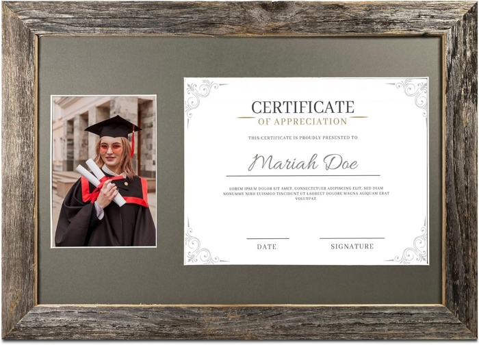 Rustic Farmhouse 12 x 18 Graduation Diploma Frame with Mat, fitted for 5 x 7 Cap & Grown Photo and 8.5 x 11 Diploma Certificate Display