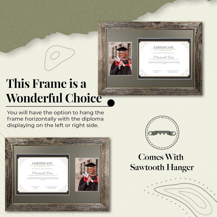 Rustic Farmhouse 12 x 18 Graduation Diploma Frame with Mat, fitted for 5 x 7 Cap & Grown Photo and 8.5 x 11 Diploma Certificate Display