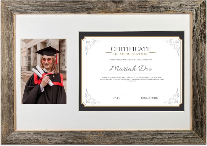 Rustic Farmhouse 12 x 18 Graduation Diploma Frame with Mat, fitted for 5 x 7 Cap & Grown Photo and 8.5 x 11 Diploma Certificate Display