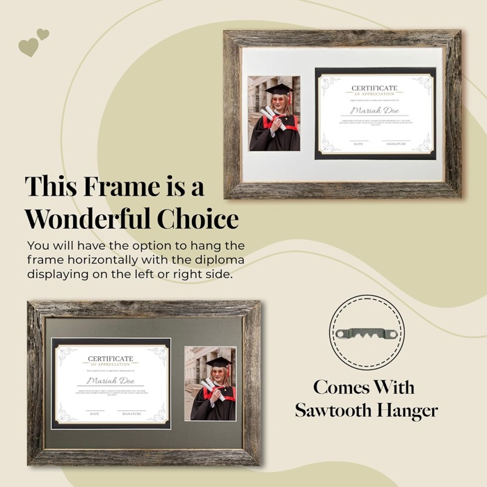 Rustic Farmhouse 12 x 18 Graduation Diploma Frame with Mat, fitted for 5 x 7 Cap & Grown Photo and 8.5 x 11 Diploma Certificate Display