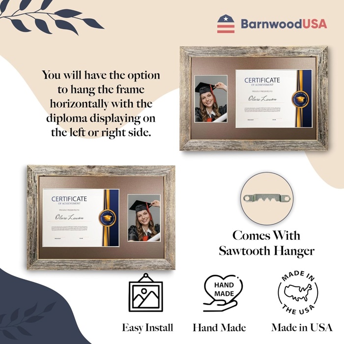 Rustic Farmhouse 12 x 18 Graduation Diploma Frame with Mat, fitted for 5 x 7 Cap & Grown Photo and 8.5 x 11 Diploma Certificate Display