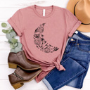  Boho Floral Moon Graphic Tee, Butterfly Flower Shirt