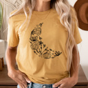 Large Mustard Boho Floral Moon Graphic Tee, Butterfly Flower Shirt