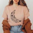 XXL Peach Boho Floral Moon Graphic Tee, Butterfly Flower Shirt