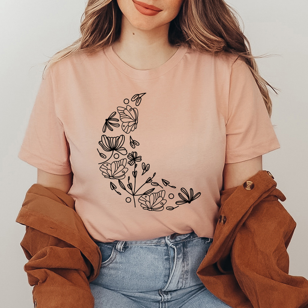 Boho Floral Moon Graphic Tee, Butterfly Flower Shirt