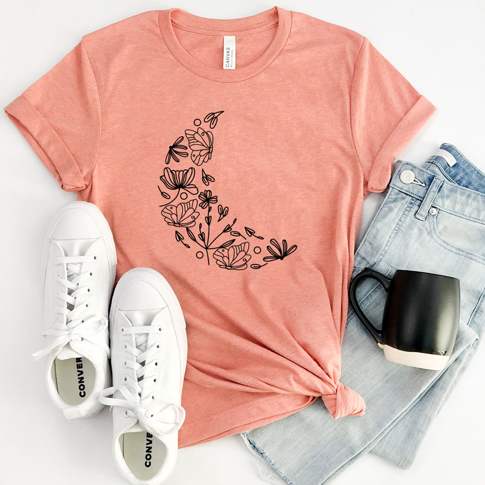 Boho Floral Moon Graphic Tee, Butterfly Flower Shirt