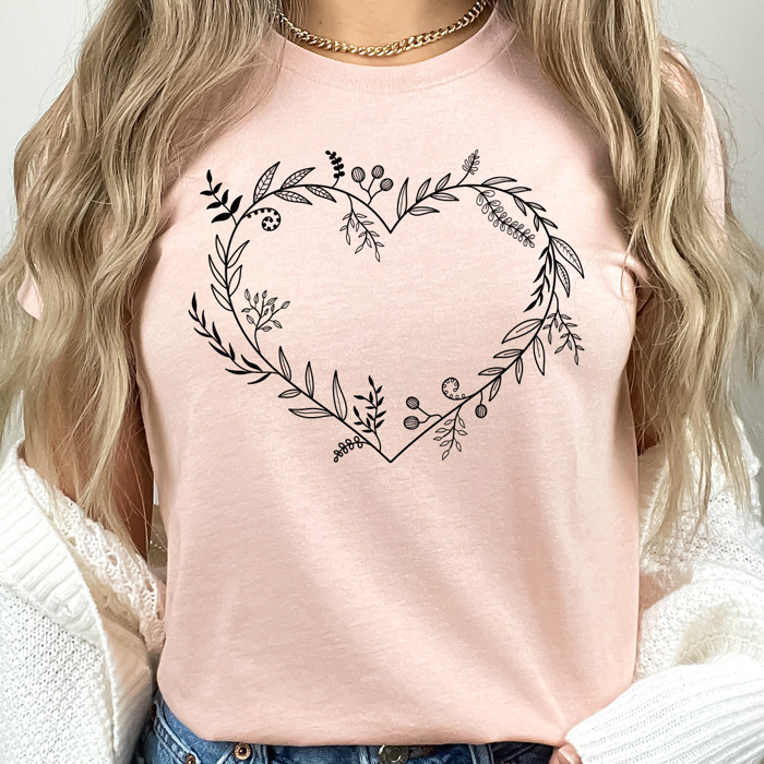 Boho Floral Heart Graphic Tee, Botanical Love Tee 