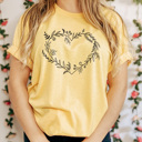 XXL Yellow Boho Floral Heart Graphic Tee, Botanical Love Tee 