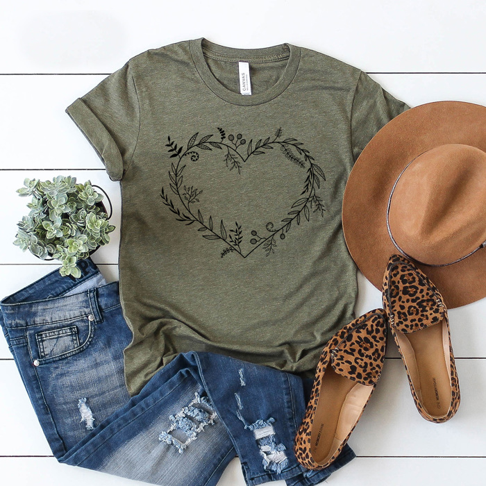 Boho Floral Heart Graphic Tee, Botanical Love Tee 