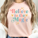 XL Peach Believe In The Magic Graphic Tee, Theme Park Magic Shirt, Magical Mouse Graphic 
