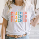 XXL Ash Grey Colorful Teacher Stacked Graphic Tee, Teacher Tee