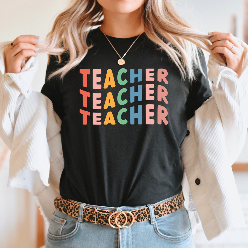 Colorful Teacher Stacked Graphic Tee, Teacher Tee