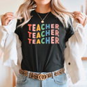 XXL Black Colorful Teacher Stacked Graphic Tee, Teacher Tee