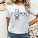 XXL Ash Gray Love You Letter Tiles Graphic Tee, Valentines Day I Love You Shirt 